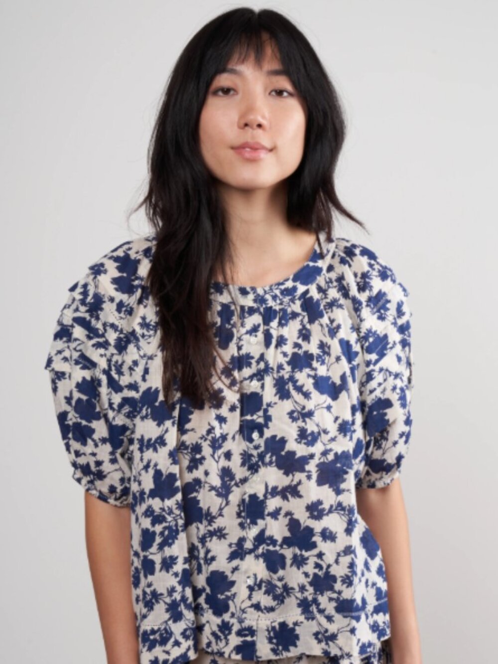 THE GREAT Top Carriage Autum Floral Blue Cream Puff Sleeve Cotton Cottage size M